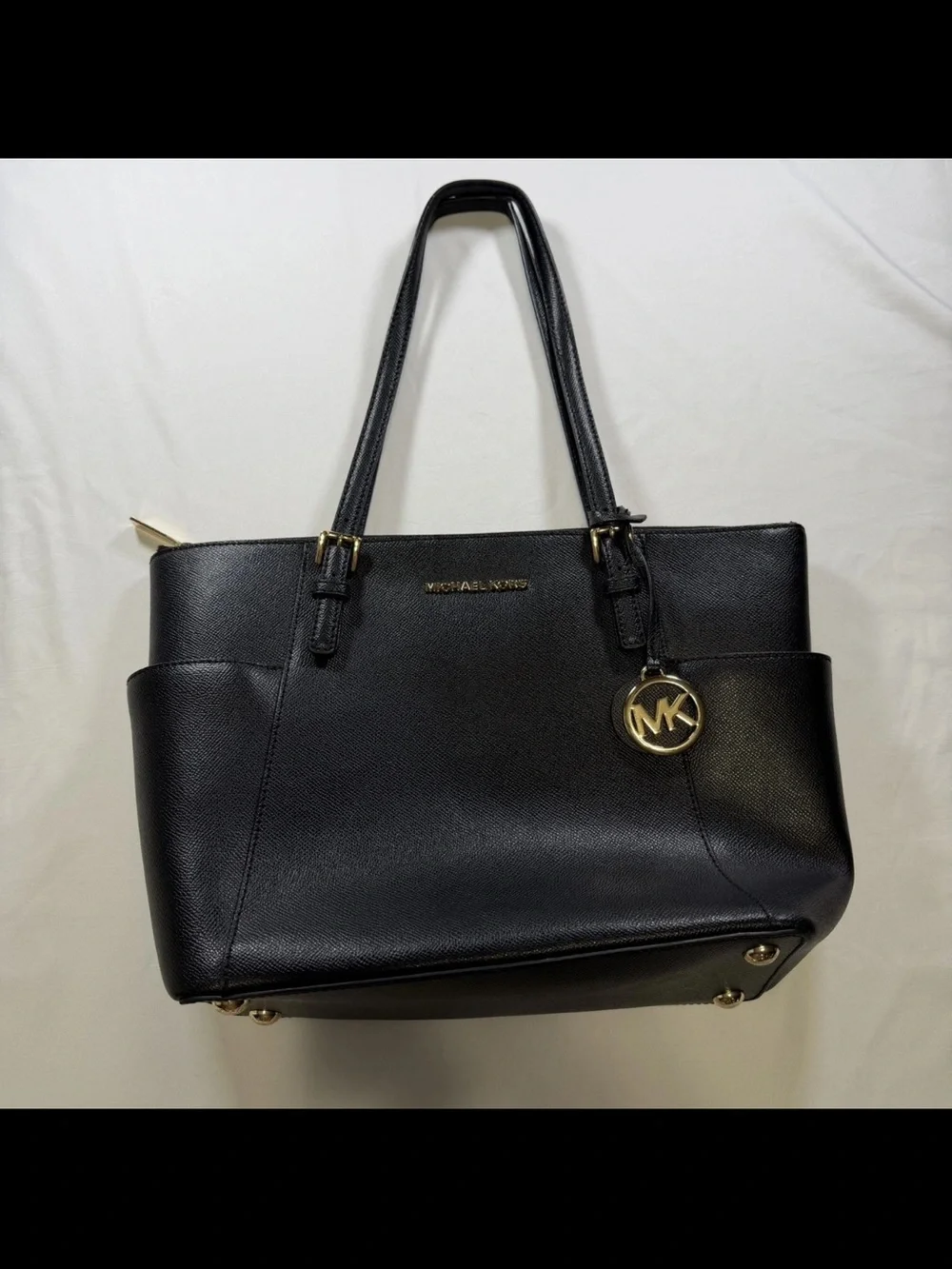 Michael Kors Black Saffiano Leather Tote with Gold MK Charm